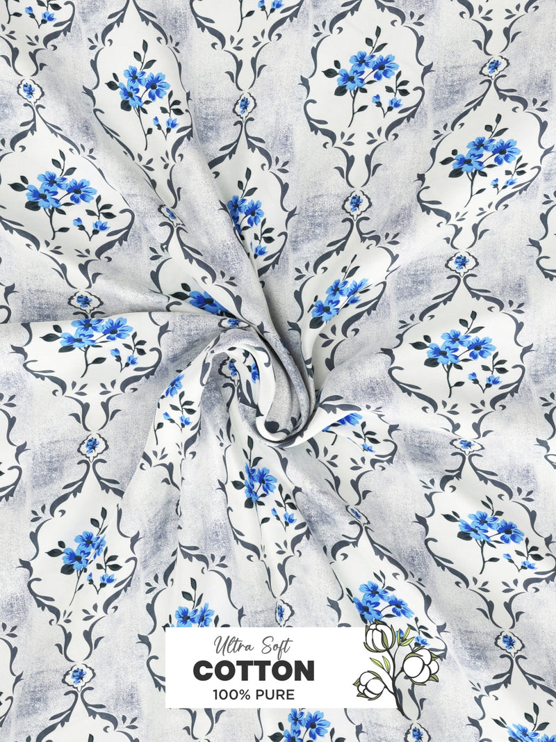 Soft 100% Natural Cotton, King Size Double Bedsheet With 2 Pillow Covers <small> (floral-white/blue)</small>
