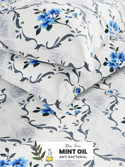 Soft 100% Natural Cotton, King Size Double Bedsheet With 2 Pillow Covers <small> (floral-white/blue)</small>