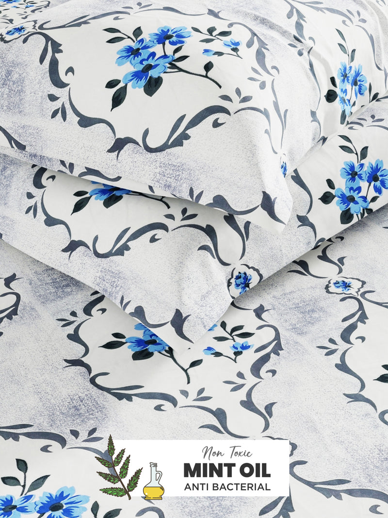 Soft 100% Natural Cotton, King Size Double Bedsheet With 2 Pillow Covers <small> (floral-white/blue)</small>