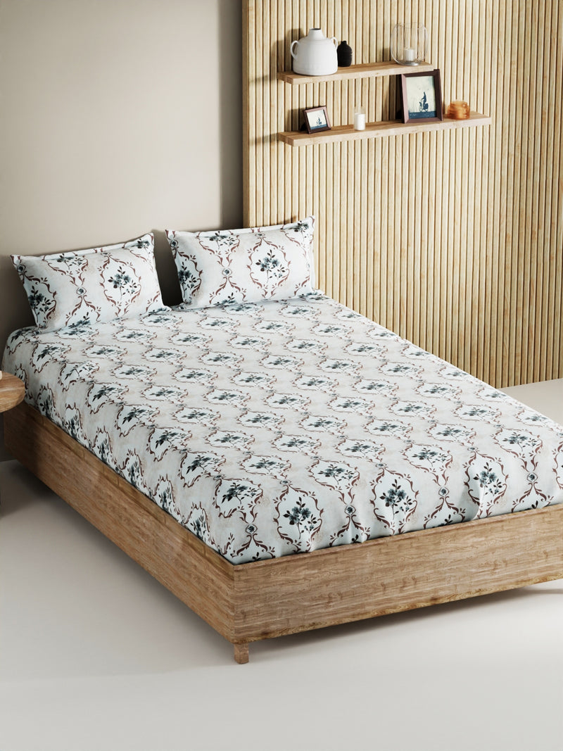 Soft 100% Natural Cotton, King Size Double Bedsheet With 2 Pillow Covers <small> (floral-white/brown)</small>