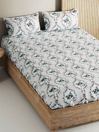 Soft 100% Natural Cotton, King Size Double Bedsheet With 2 Pillow Covers <small> (floral-white/brown)</small>