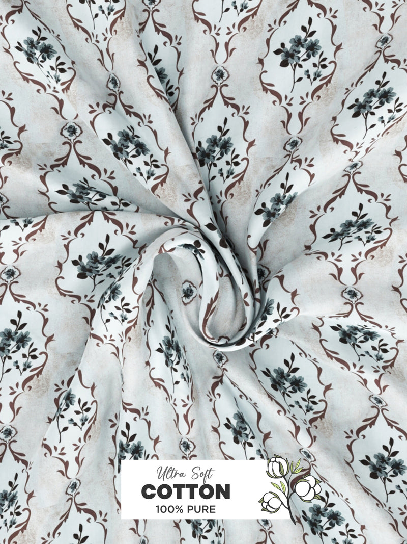 Soft 100% Natural Cotton, King Size Double Bedsheet With 2 Pillow Covers <small> (floral-white/brown)</small>