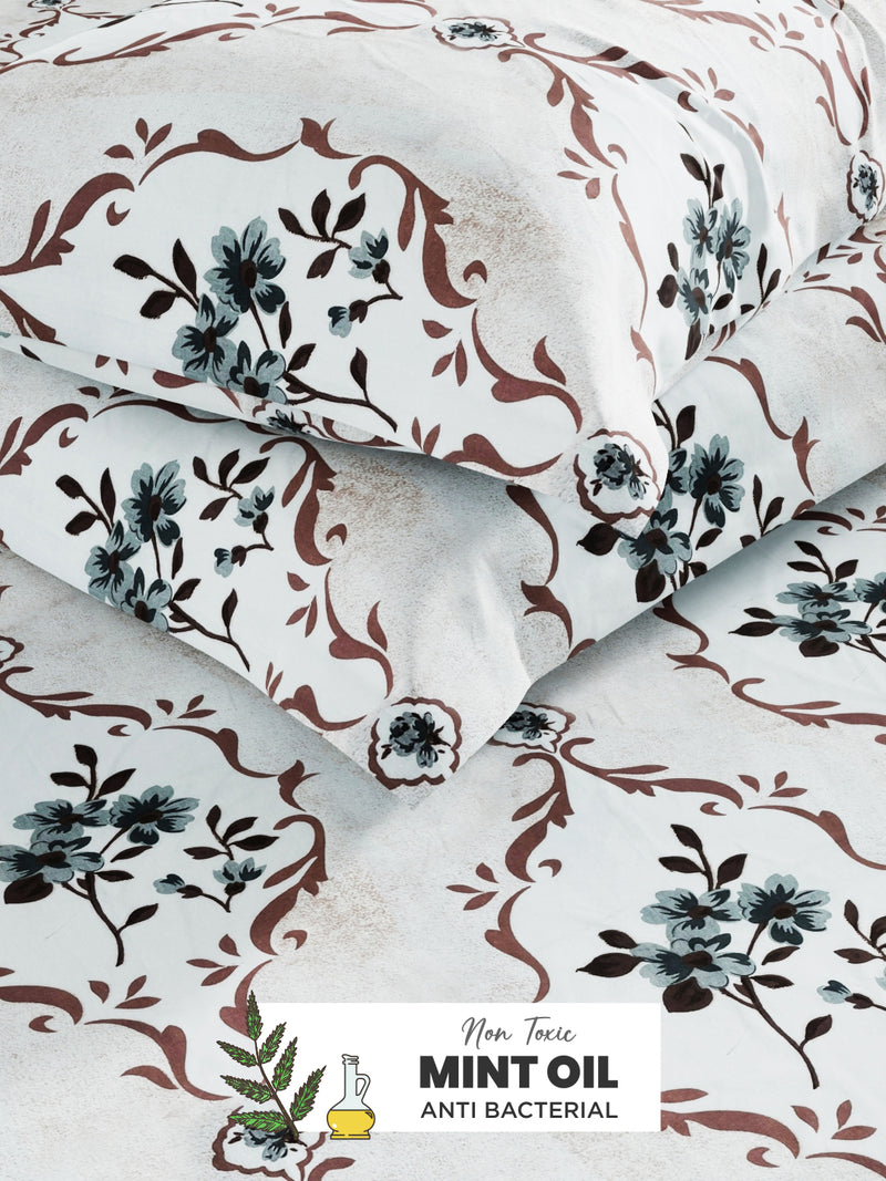 Soft 100% Natural Cotton, King Size Double Bedsheet With 2 Pillow Covers <small> (floral-white/brown)</small>