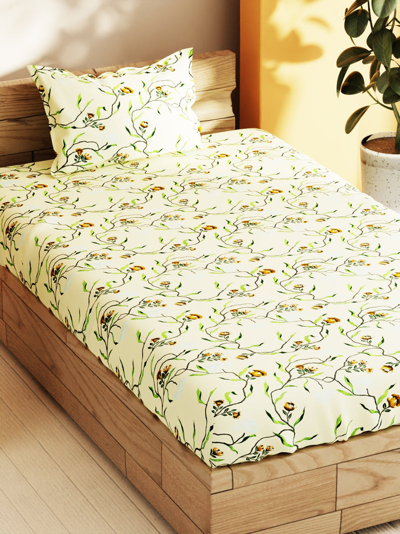 Soft 100% Natural Cotton Single Bedsheet With 1 Pillow Cover <small> (floral-lt.yellow)</small>