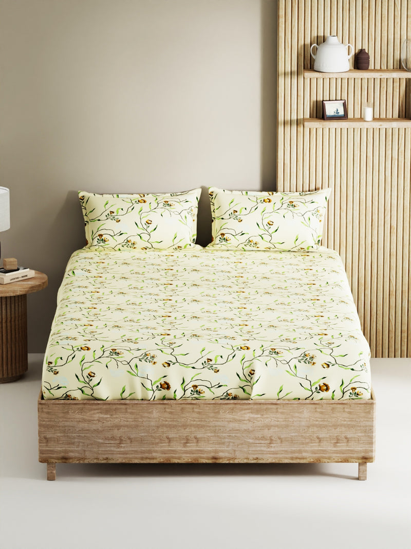 Soft 100% Natural Cotton, King Size Double Bedsheet With 2 Pillow Covers <small> (floral-lt.yellow)</small>
