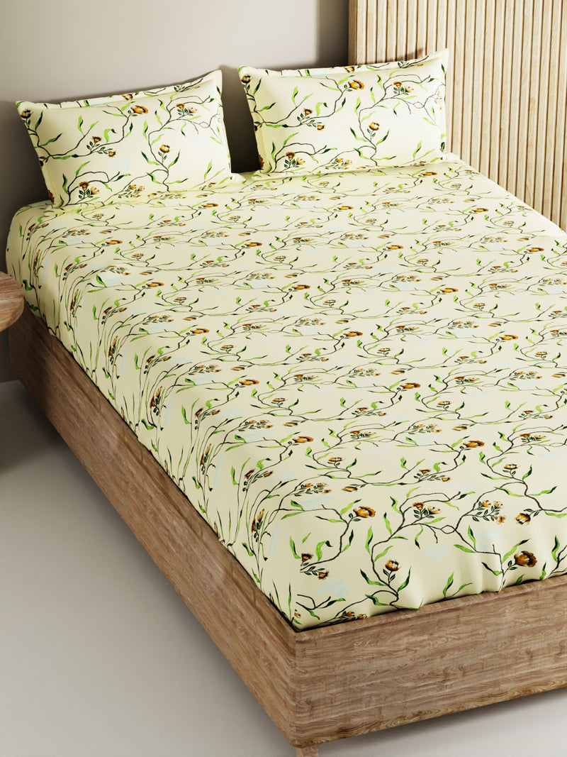 Soft 100% Natural Cotton, King Size Double Bedsheet With 2 Pillow Covers <small> (floral-lt.yellow)</small>