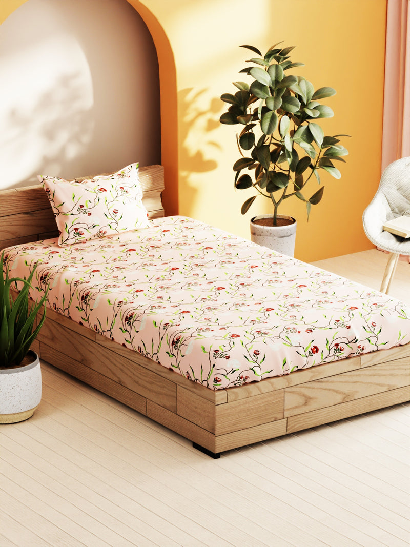 Soft 100% Natural Cotton Single Bedsheet With 1 Pillow Cover <small> (floral-apricot)</small>