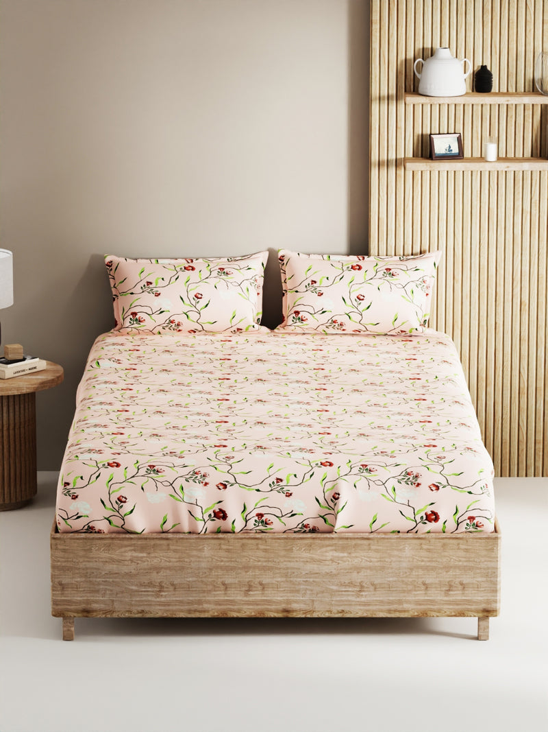 Soft 100% Natural Cotton, King Size Double Bedsheet With 2 Pillow Covers <small> (floral-apricot)</small>
