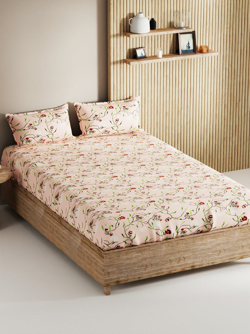 Soft 100% Natural Cotton, King Size Double Bedsheet With 2 Pillow Covers <small> (floral-apricot)</small>