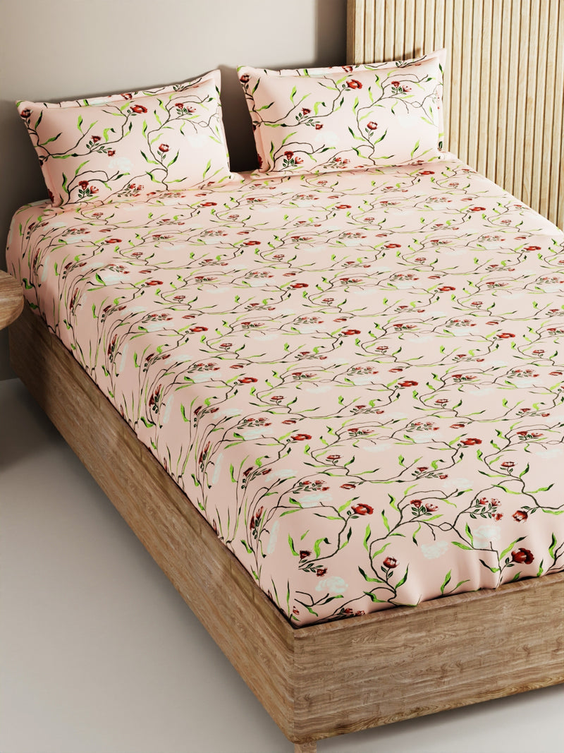 Soft 100% Natural Cotton, King Size Double Bedsheet With 2 Pillow Covers <small> (floral-apricot)</small>