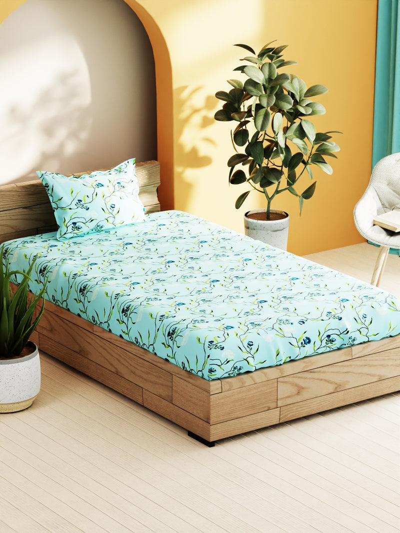 Soft 100% Natural Cotton Single Bedsheet With 1 Pillow Cover <small> (floral-skyblue)</small>