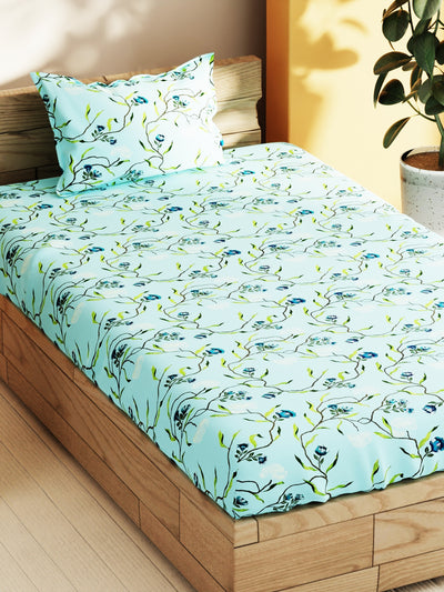 Soft 100% Natural Cotton Single Bedsheet With 1 Pillow Cover <small> (floral-skyblue)</small>