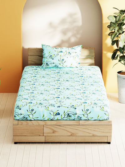 Soft 100% Natural Cotton Single Bedsheet With 1 Pillow Cover <small> (floral-skyblue)</small>