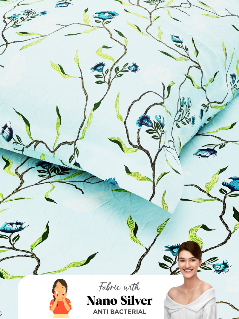 Soft 100% Natural Cotton Single Bedsheet With 1 Pillow Cover <small> (floral-skyblue)</small>
