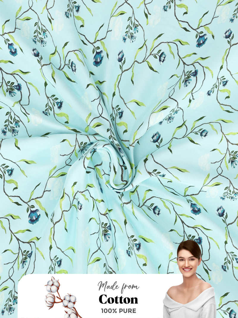 Soft 100% Natural Cotton Single Bedsheet With 1 Pillow Cover <small> (floral-skyblue)</small>