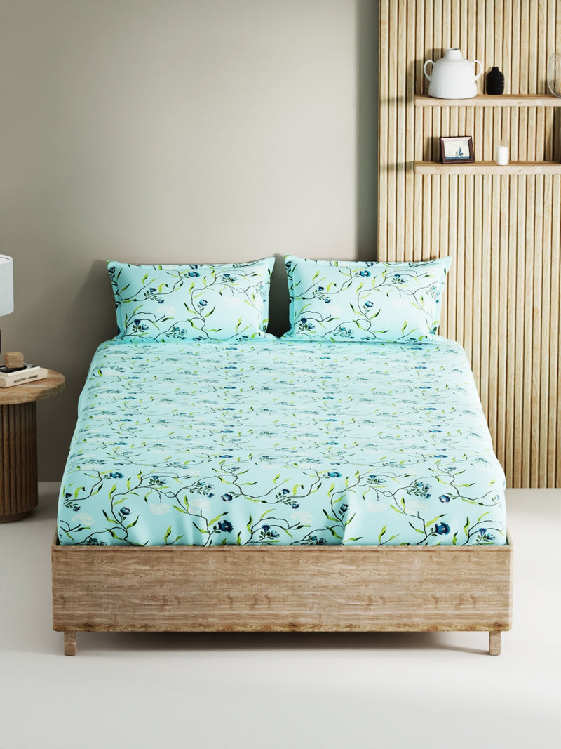 Soft 100% Natural Cotton, King Size Double Bedsheet With 2 Pillow Covers <small> (floral-skyblue)</small>