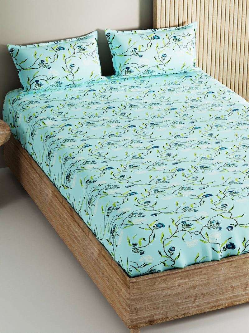 Soft 100% Natural Cotton, King Size Double Bedsheet With 2 Pillow Covers <small> (floral-skyblue)</small>