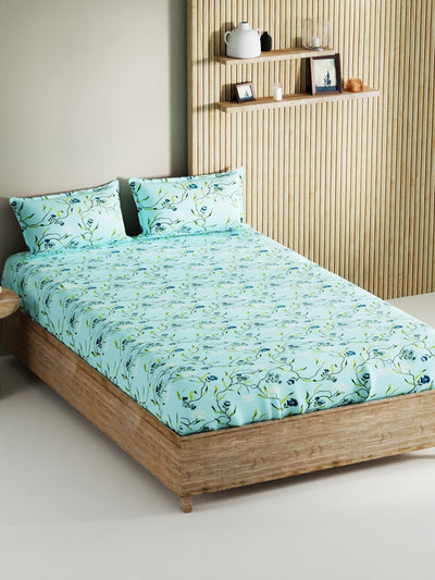 Soft 100% Natural Cotton, King Size Double Bedsheet With 2 Pillow Covers <small> (floral-skyblue)</small>