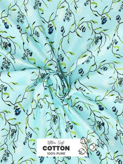 Soft 100% Natural Cotton, King Size Double Bedsheet With 2 Pillow Covers <small> (floral-skyblue)</small>