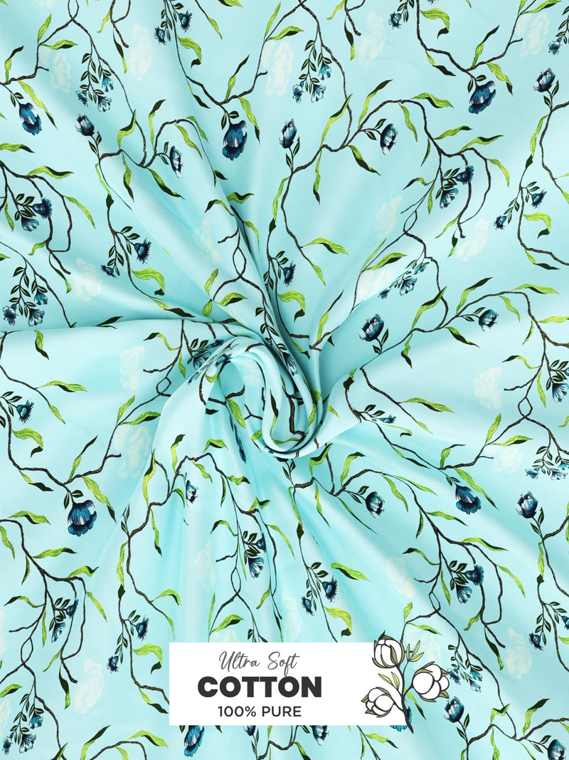 Soft 100% Natural Cotton, King Size Double Bedsheet With 2 Pillow Covers <small> (floral-skyblue)</small>