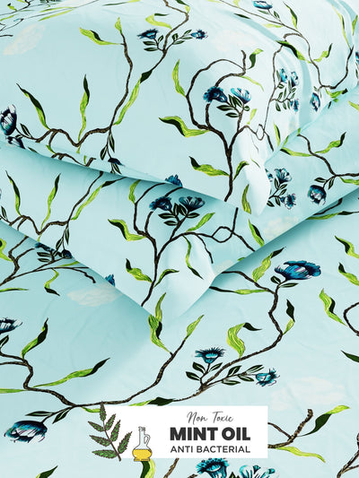 Soft 100% Natural Cotton, King Size Double Bedsheet With 2 Pillow Covers <small> (floral-skyblue)</small>
