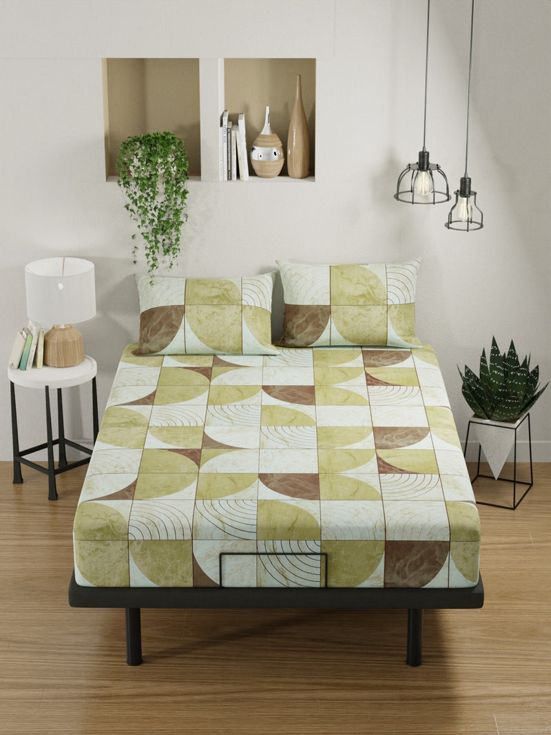 100% Pure Cotton Double Bedsheet With 2 Pillow Covers <small> (geometric-sage/brown)</small>