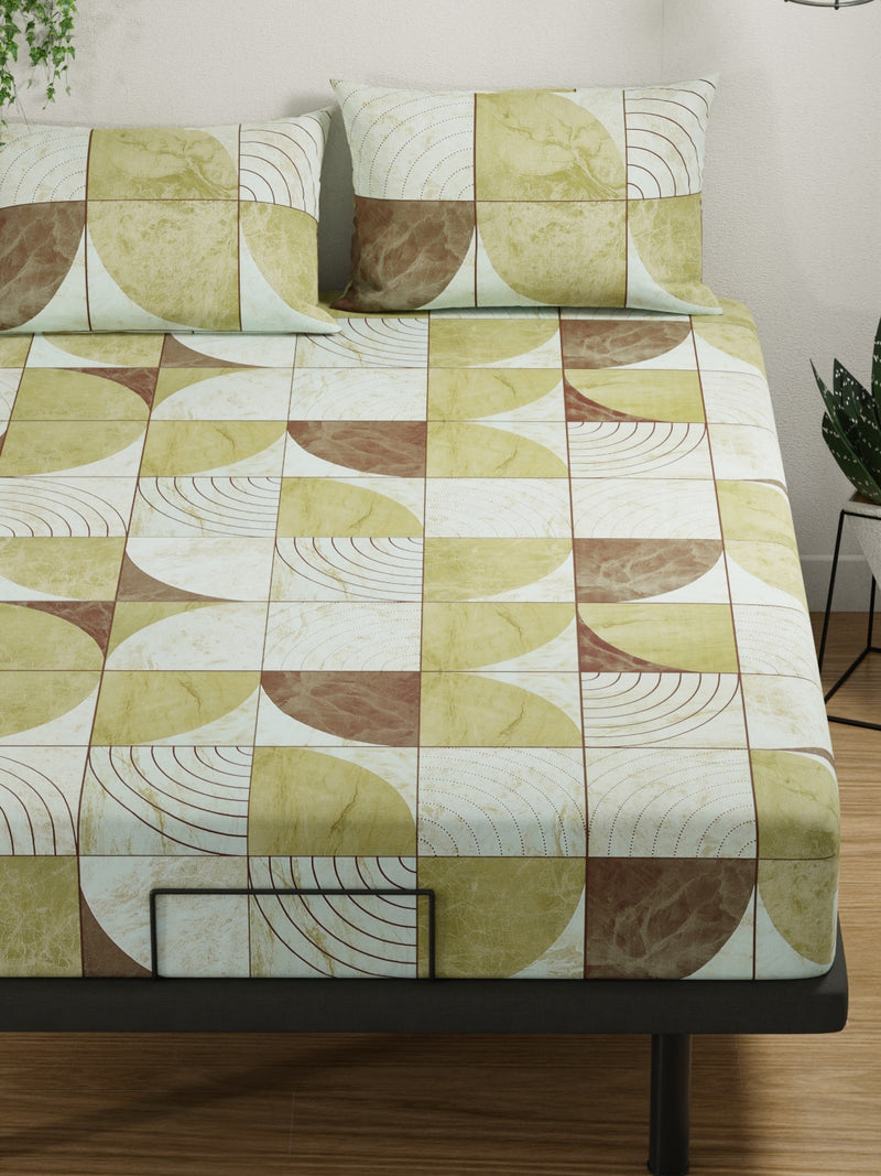 100% Pure Cotton Double Bedsheet With 2 Pillow Covers <small> (geometric-sage/brown)</small>