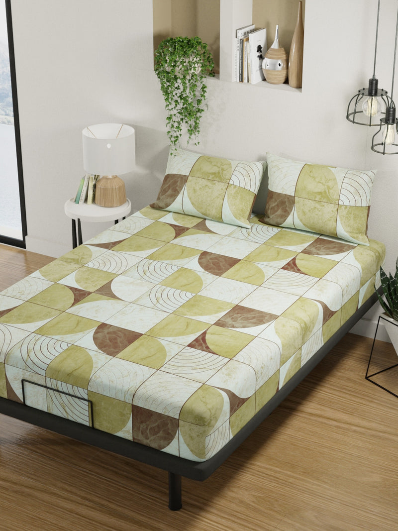 100% Pure Cotton Double Bedsheet With 2 Pillow Covers <small> (geometric-sage/brown)</small>