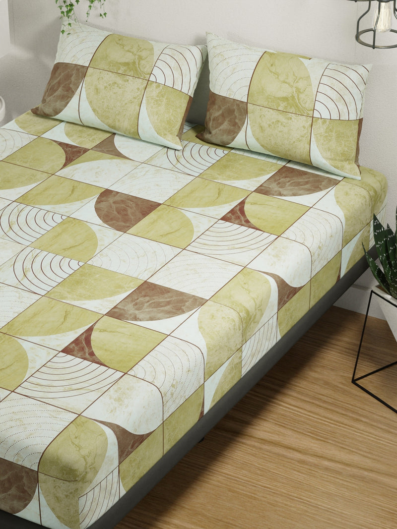 100% Pure Cotton Double Bedsheet With 2 Pillow Covers <small> (geometric-sage/brown)</small>