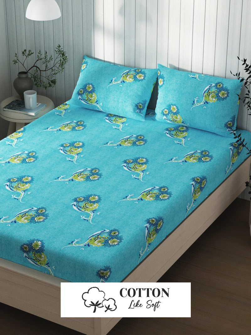 Extra Smooth Cotton Double Bedsheet With 2 Pillow Covers <small> (floral-blue)</small>