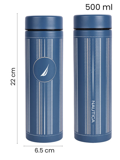 Sleek Insulated Travel Bottle: 24-Hour Hot & Cold Thermos/Flask <small> (titanium prtd-blue/white)</small>