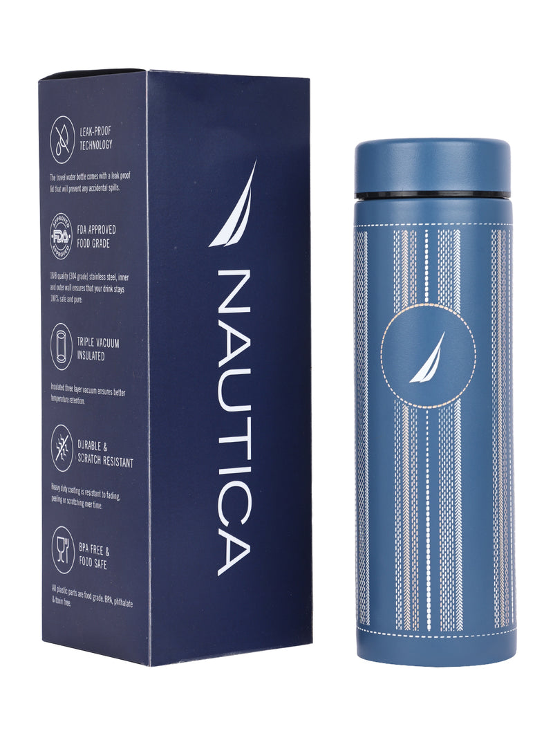 Sleek Insulated Travel Bottle: 24-Hour Hot & Cold Thermos/Flask <small> (titanium prtd-blue/white)</small>