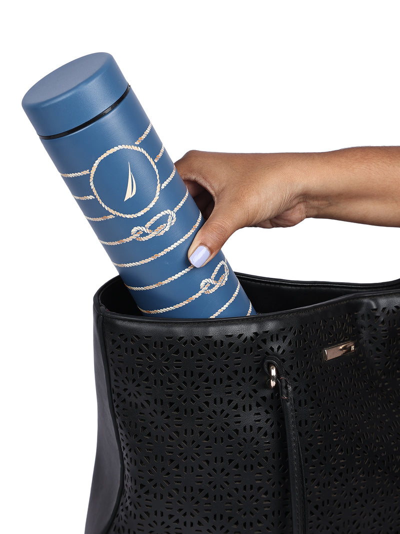 Sleek Insulated Travel Bottle: 24-Hour Hot & Cold Thermos/Flask <small> (titanium prtd-blue/brown)</small>