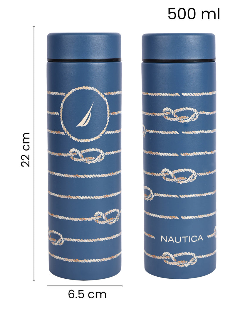 Sleek Insulated Travel Bottle: 24-Hour Hot & Cold Thermos/Flask <small> (titanium prtd-blue/brown)</small>