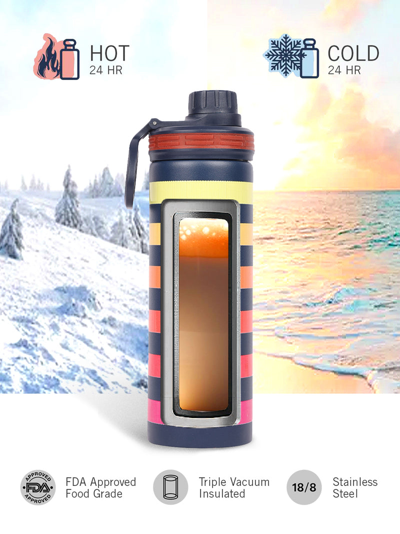 Stylish Triple-Layer Bottle: 24-Hour Insulated Thermos/Flask For Fitness And Sports <small> (texas prtd-navy/yellow)</small>