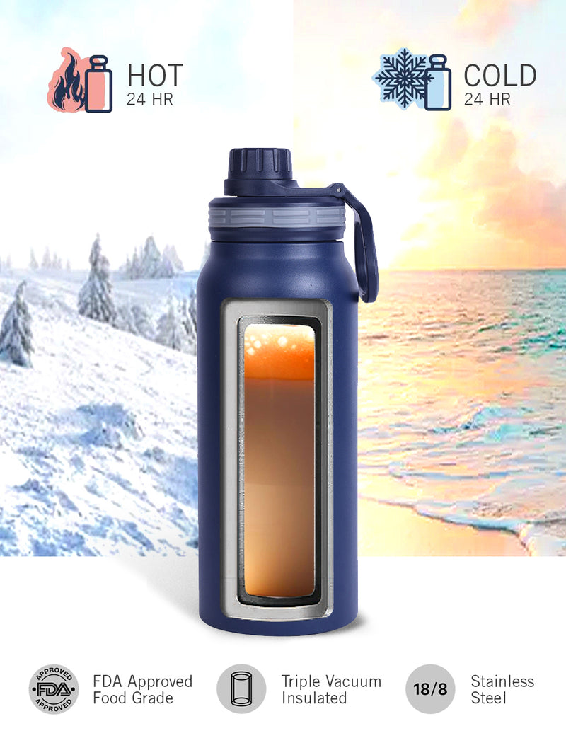 Stylish Triple-Layer Bottle: 24-Hour Insulated Thermos/Flask For Fitness And Sports <small> (austin solid-denimblue)</small>