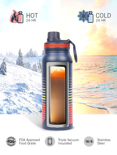 Stylish Triple-Layer Bottle: 24-Hour Insulated Thermos/Flask For Fitness And Sports <small> (austin prtd-navy/orange)</small>