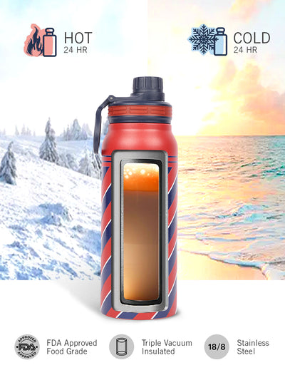 Stylish Triple-Layer Bottle: 24-Hour Insulated Thermos/Flask For Fitness And Sports <small> (austin prtd-red/navy)</small>