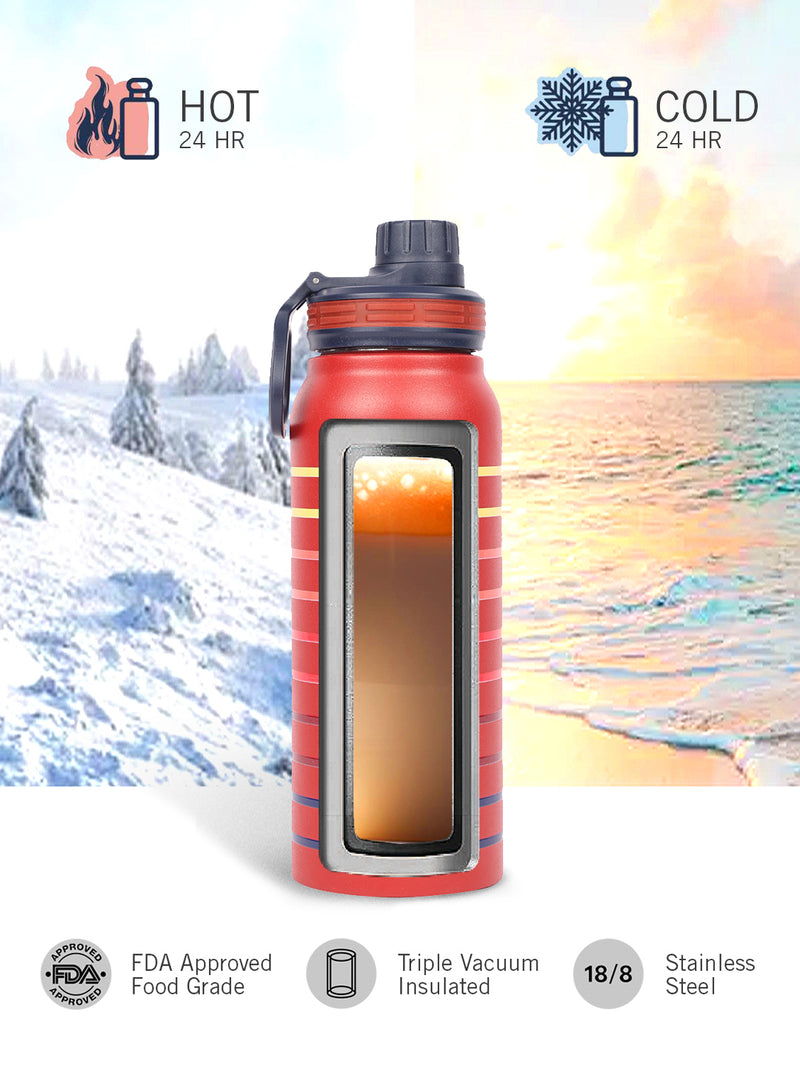 Stylish Triple-Layer Bottle: 24-Hour Insulated Thermos/Flask For Fitness And Sports <small> (austin prtd-red/yellow)</small>