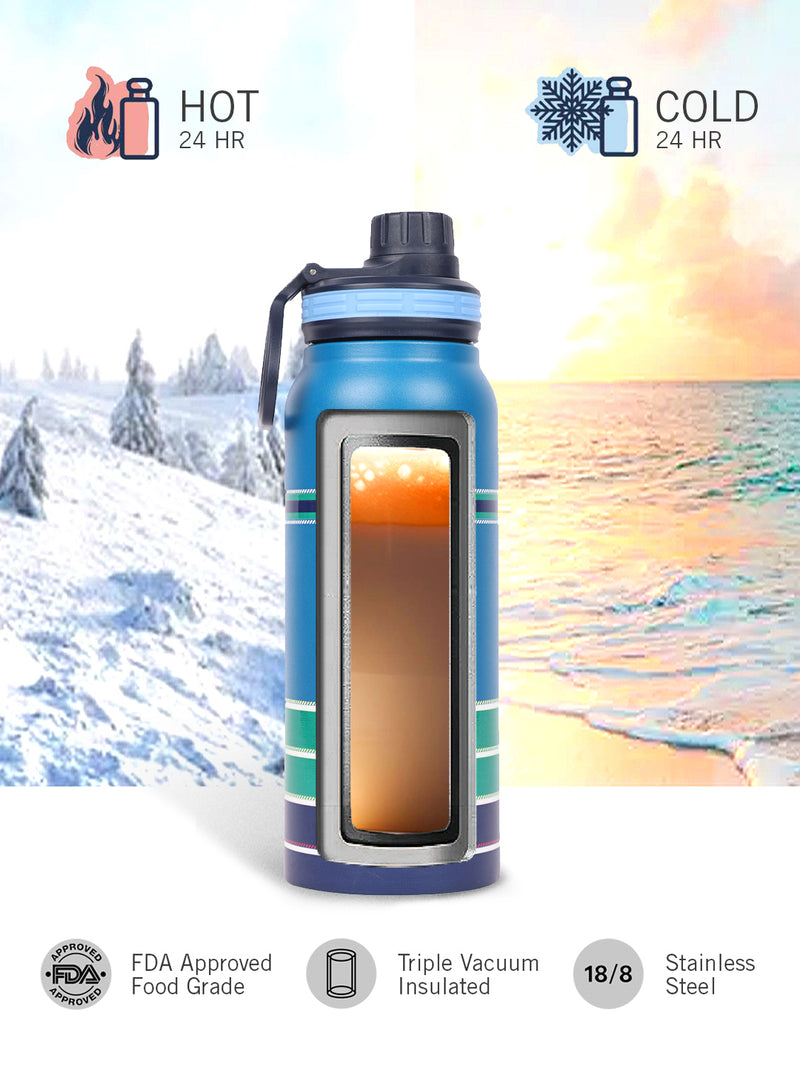 Stylish Triple-Layer Bottle: 24-Hour Insulated Thermos/Flask For Fitness And Sports <small> (austin prtd-blue/green)</small>