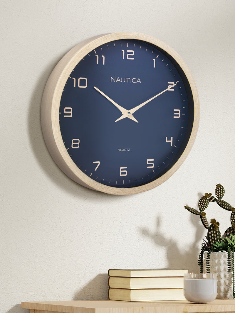 Luxury Wooden Finish Modern Wall Clock With Quartz Silent Sweep Technology <small> (wood grain rim-pine/navy)</small>