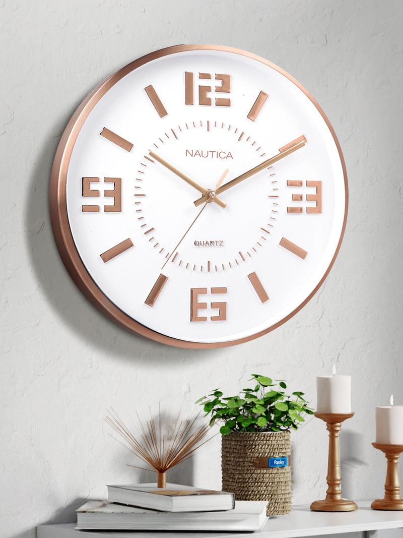 Premium Metal Modern Wall Clock With Quartz Silent Sweep Technology <small> (metal rim - 3d dial-white/rosegold)</small>