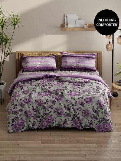 Extra Smooth Double Comforter With 1 Double Bedsheet 2 Pillow Covers, For Ac Room <small> (floral-grey/purple)</small>