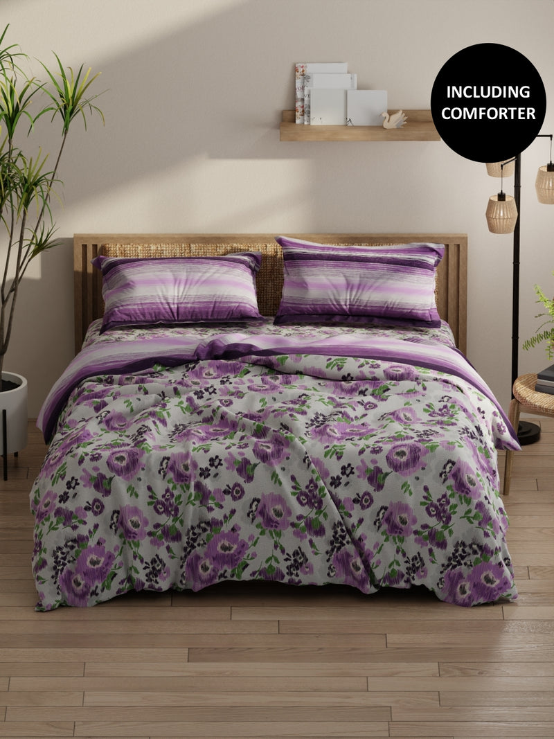Extra Smooth Double Comforter With 1 Double Bedsheet 2 Pillow Covers, For Ac Room <small> (floral-grey/purple)</small>