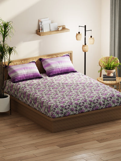Extra Smooth Double Comforter With 1 Double Bedsheet 2 Pillow Covers, For Ac Room <small> (floral-grey/purple)</small>