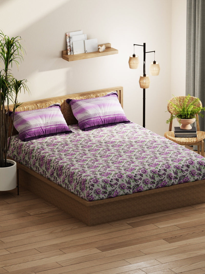 Extra Smooth Double Comforter With 1 Double Bedsheet 2 Pillow Covers, For Ac Room <small> (floral-grey/purple)</small>