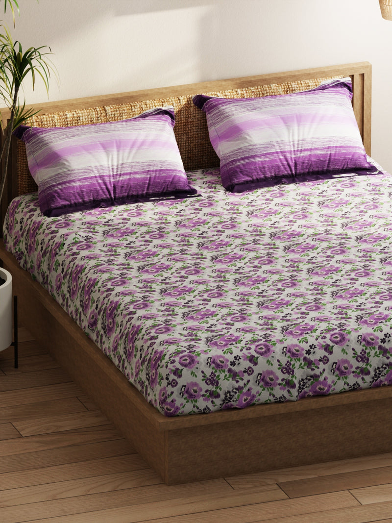 Extra Smooth Double Comforter With 1 Double Bedsheet 2 Pillow Covers, For Ac Room <small> (floral-grey/purple)</small>