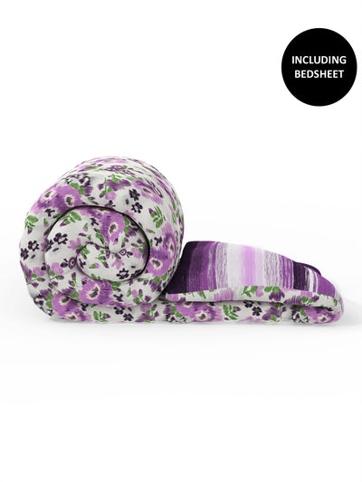 Extra Smooth Double Comforter With 1 Double Bedsheet 2 Pillow Covers, For Ac Room <small> (floral-grey/purple)</small>
