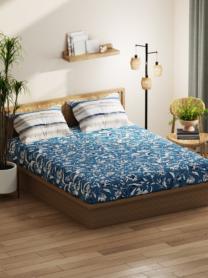 Extra Smooth Double Comforter With 1 Double Bedsheet 2 Pillow Covers, For Ac Room <small> (floral-blue)</small>