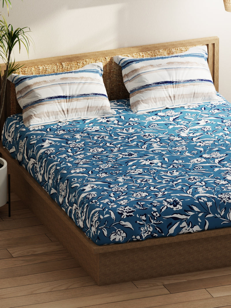 Extra Smooth Double Comforter With 1 Double Bedsheet 2 Pillow Covers, For Ac Room <small> (floral-blue)</small>